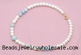 CFN535 9mm - 10mm potato white freshwater pearl & aquamarine necklace