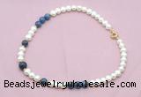 CFN551 9mm - 10mm potato white freshwater pearl & dumortierite necklace