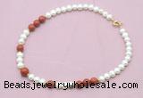 CFN561 9mm - 10mm potato white freshwater pearl & red jasper necklace