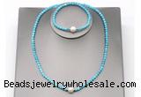 CFN617 4mm faceted round turquoise & potato white freshwater pearl jewelry set