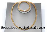 CFN622 4mm faceted round yellow jade & potato white freshwater pearl jewelry set