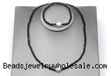 CFN625 4mm faceted round black tourmaline & potato white freshwater pearl jewelry set