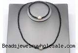 CFN627 4mm faceted round black spinel & potato white freshwater pearl jewelry set