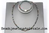 CFN635 4mm faceted round Indian agate & potato white freshwater pearl jewelry set