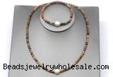 CFN638 4mm faceted round picasso jasper & potato white freshwater pearl jewelry set