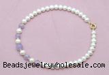 CFN705 9mm - 10mm potato white freshwater pearl & lavender amethyst necklace