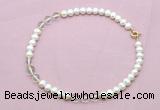 CFN710 9mm - 10mm potato white freshwater pearl & white crystal necklace