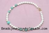 CFN722 9mm - 10mm potato white freshwater pearl & amazonite necklace