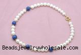 CFN724 9mm - 10mm potato white freshwater pearl & lapis lazuli necklace