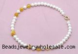 CFN729 9mm - 10mm potato white freshwater pearl & yellow banded agate necklace