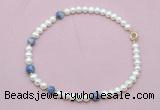 CFN742 9mm - 10mm potato white freshwater pearl & blue spot stone necklace