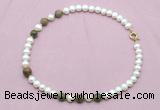 CFN745 9mm - 10mm potato white freshwater pearl & unakite necklace
