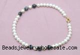 CFN750 9mm - 10mm potato white freshwater pearl & snowflake obsidian necklace