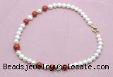 CFN755 9mm - 10mm potato white freshwater pearl & red jasper necklace