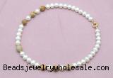 CFN759 9mm - 10mm potato white freshwater pearl & picture jasper necklace