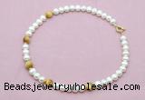 CFN765 9mm - 10mm potato white freshwater pearl & golden tiger eye necklace