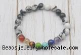 CGB6240 8mm black & white jasper 7 chakra beaded mala stretchy bracelets