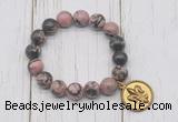 CGB6843 10mm, 12mm rhodonite beaded bracelet with alloy pendant