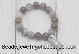 CGB6848 10mm, 12mm grey banded agate beaded bracelet with alloy pendant