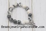 CGB6884 10mm, 12mm black & white jasper beaded bracelet with alloy pendant