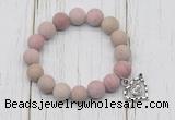 CGB6900 10mm, 12mm matte pink wooden jasper beaded bracelet with alloy pendant