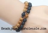 CGB7651 8mm black lava & wooden jasper mala stretchy bracelets