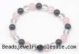 CGB8004 8mm black agate, white crystal & rose quartz beaded stretchy bracelets