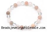 CGB8008 8mm white crystal, rose quartz & sunstone beaded stretchy bracelets