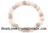 CGB8015 8mm white jade, white fossil jasper & sunstone beaded stretchy bracelets