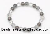 CGB8018 8mm white crystal, black rutilated quartz & smoky quartz beaded stretchy bracelets