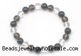 CGB8021 8mm white crystal, smoky quartz & black agate beaded stretchy bracelets