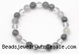 CGB8022 8mm white crystal, cloudy quartz & black labradorite beaded stretchy bracelets