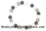 CGB8085 8mm matte white crystal, black agate & grey agate beaded stretchy bracelets