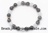 CGB8123 8mm snowflake obsidian, white jade & hematite power beads bracelet