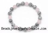 CGB8157 8mm grey picture jasper, matte rose quartz & hematite power beads bracelet