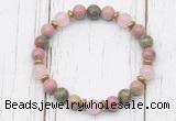 CGB8445 8mm pink wooden jasper, unakite, rose quartz & hematite power beads bracelet