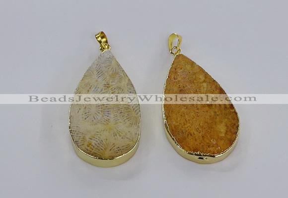 CGP3016 28*50mm flat teardrop fossil coral pendants wholesale