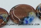 CLG555 16 inches 20mm flat round goldstone & lampwork glass beads