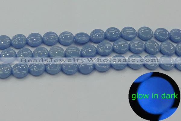 CLU132 15.5 inches 12mm flat round blue luminous stone beads