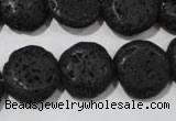 CLV498 15.5 inches 16mm flat round black lava beads wholesale