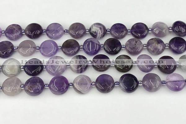 CNA1186 15.5 inches 12mm flat round amethyst beads wholesale