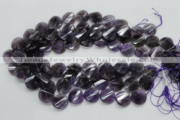 CNA45 15.5 inches 20mm twisted faceted coin grade A natural amethyst beads