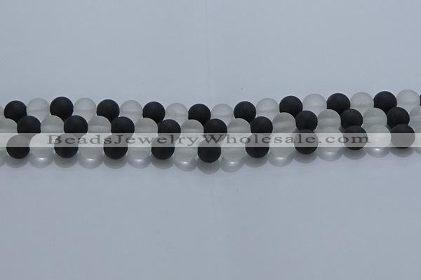 CNC112 15.5 inches 8mm round matte white crystal & black agate beads