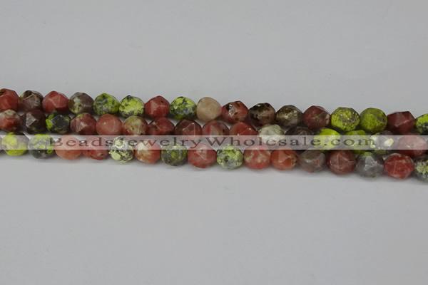 CNG6117 15.5 inches 8mm faceted nuggets red plum blossom jade beads