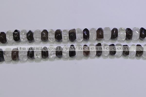 CNG6380 6*14mm - 8*14mm nuggets white crystal & smoky quartz beads