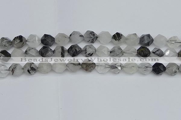 CNG7248 15.5 inches 12mm faceted nuggets black rutilated quartz beads