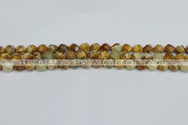 CNG7376 15.5 inches 8mm faceted nuggets picture jasper beads