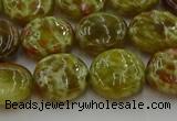 CNS624 15.5 inches 15mm flat round green dragon serpentine jasper beads