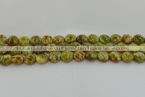 CNS624 15.5 inches 15mm flat round green dragon serpentine jasper beads