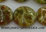 CNS627 15.5 inches 25mm flat round green dragon serpentine jasper beads